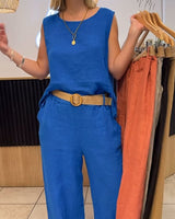 Cora | Women's 2 Piece Linen Sleeveless Top and Wide Leg Trousers