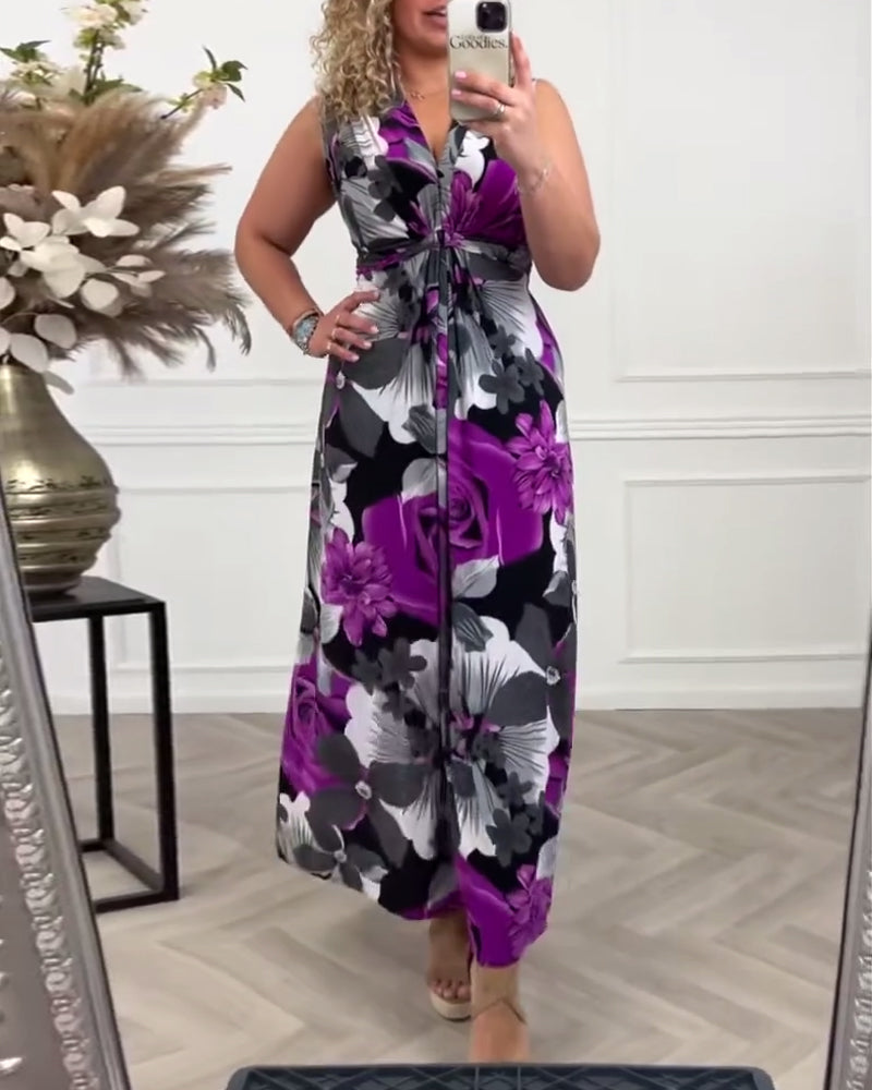 Sacha | Women's Floral Print Sleeveless Maxi Dress V-Neck Pleated Summer Dress