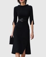 Harper | Women's Belted High Neck Midi Dress Split Sleeve