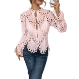 Flora | Women's Crochet Hollow Lace Long Sleeve Blouse Scallop Hem