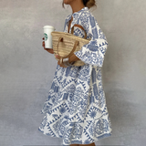 Sofia | Women's Boho Midi Dress Long Sleeve V-Neck Blue Print Tiered