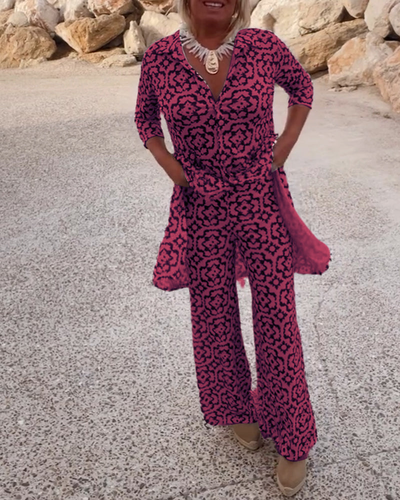 Jade | Women's 2 Piece Printed Wide Leg Trouser Set 3/4 Sleeve