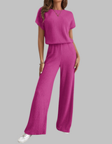 Nora | Women's Ribbed Short Sleeve Top and Wide Leg Pants Set