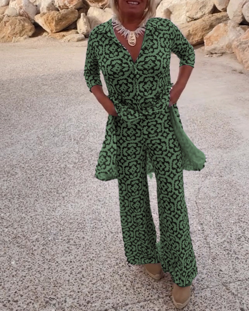 Jade | Women's 2 Piece Printed Wide Leg Trouser Set 3/4 Sleeve