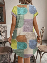 Lucille | Women's Geometric Print Midi Dress Short Sleeve Button-Front Casual Dress