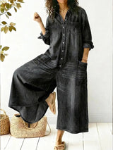 Orlysa | Women's Denim Wide-Leg Jumpsuit Button-Front