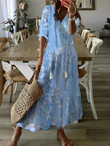 Andrea | Boho Vintage V-Neck Printed Dress