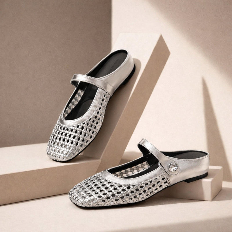 Mira | Women's Woven Mule Flats Mary Jane Strap Slip-On Shoes