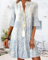 Isla | Women's V-Neck 3/4 Sleeve Boho Print Midi Dress