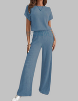 Nora | Women's Ribbed Short Sleeve Top and Wide Leg Pants Set
