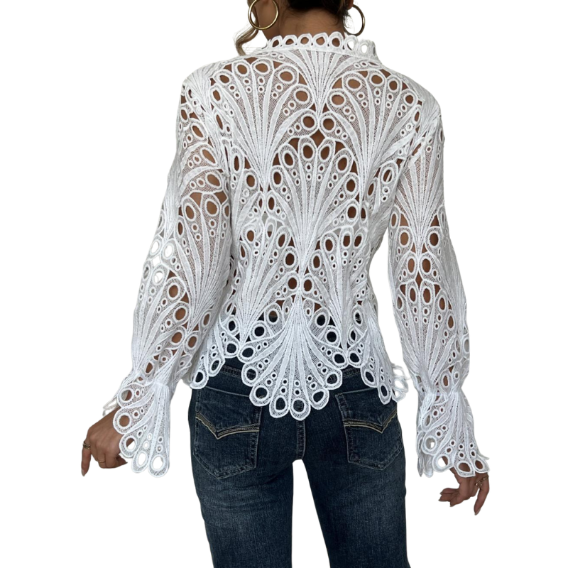 Flora | Women's Crochet Hollow Lace Long Sleeve Blouse Scallop Hem
