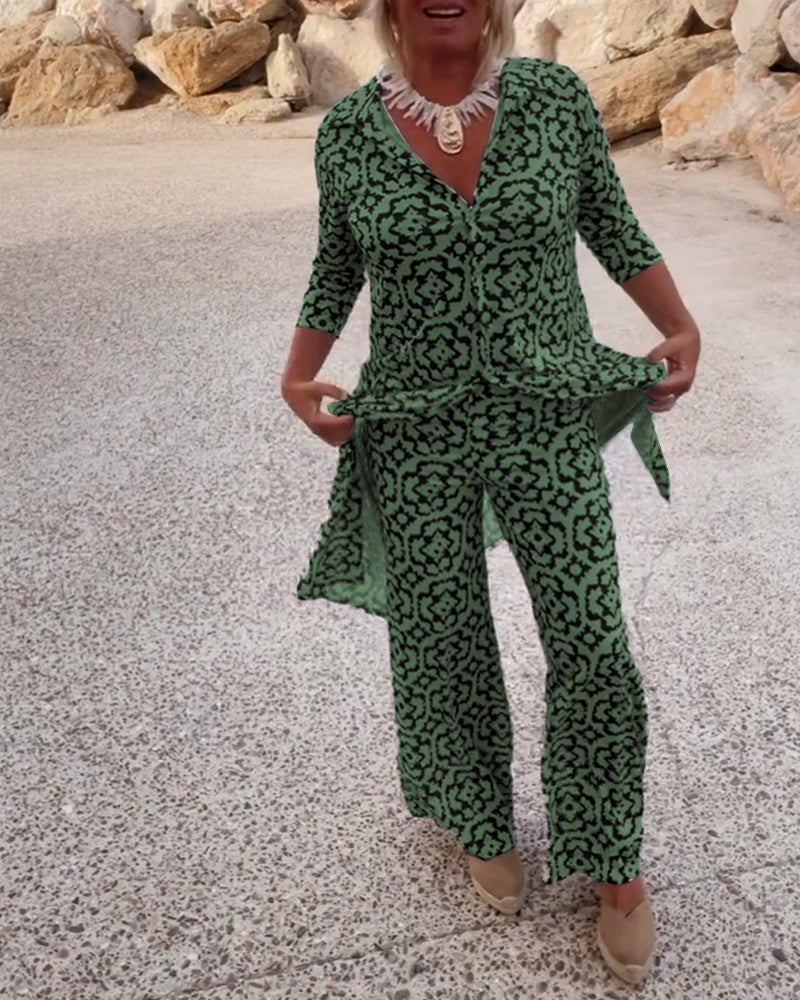 Jade | Women's 2 Piece Printed Wide Leg Trouser Set 3/4 Sleeve