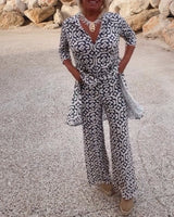 Livia | Women's Printed Two-Piece Set V-Neck Blouse & Wide-Leg Trousers