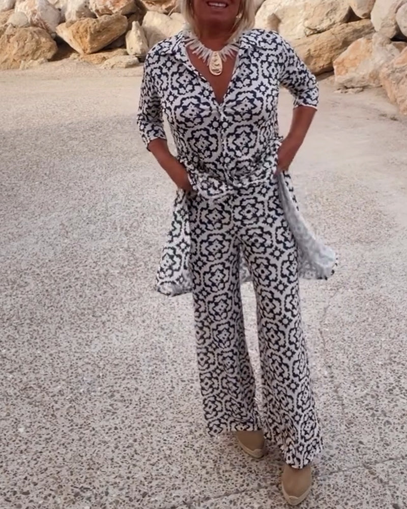 Jade | Women's 2 Piece Printed Wide Leg Trouser Set 3/4 Sleeve