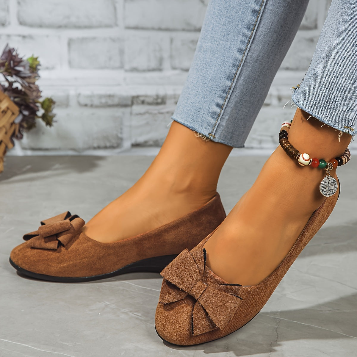 Maisie | Women's Wedge Ballet Flats Bow Detail Suede Slip On Shoes