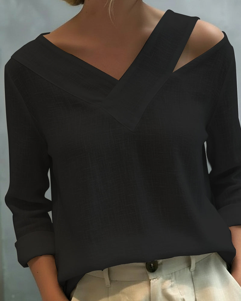 Vera | Women's Asymmetric V-Neck Long Sleeve Linen Look Top