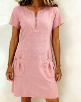 Pippa | Women's Linen Short Sleeve Zip Neck A-Line Mini Dress