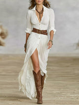 Crissa | Long Belted Dress With Pleated Lapels