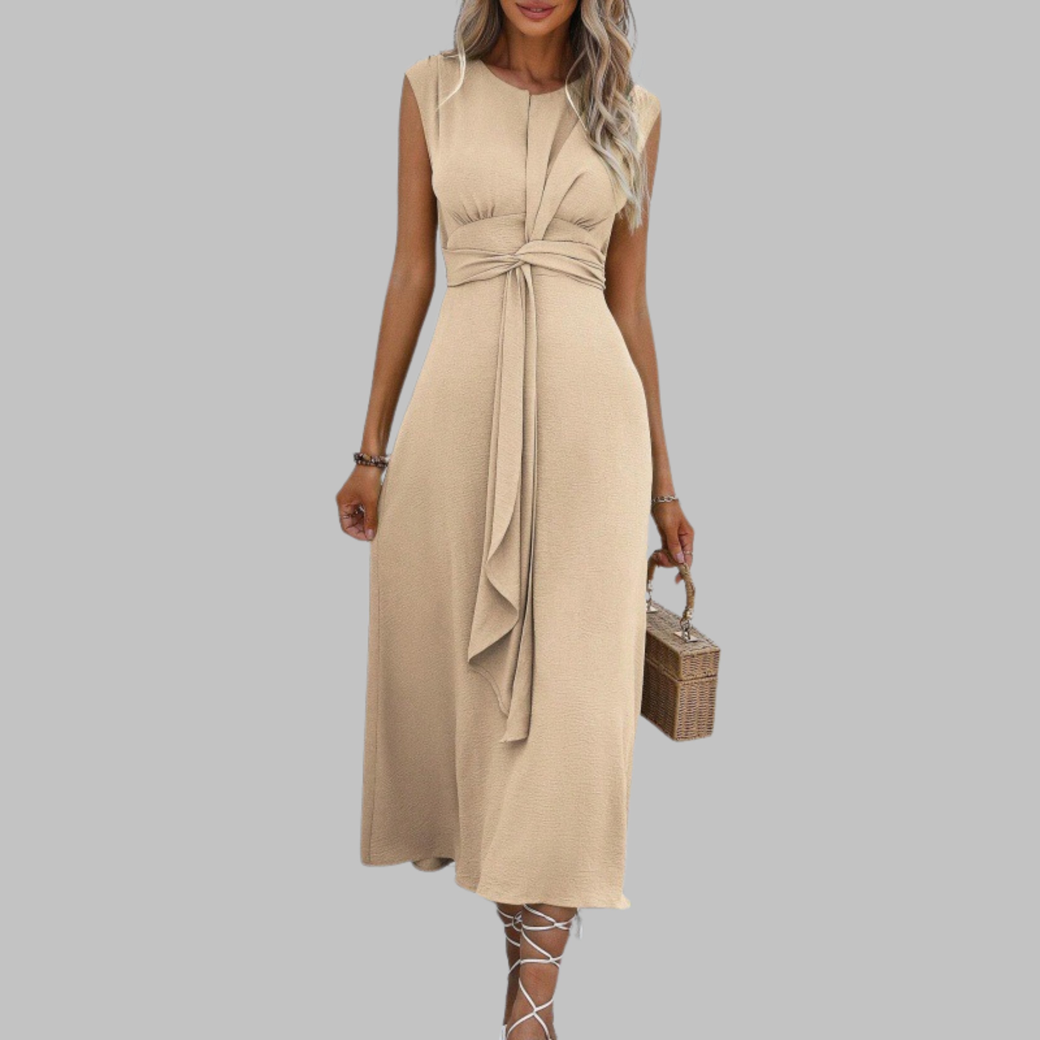 Grace | Women's Sleeveless Tie Waist Ruffle Front Maxi Dress