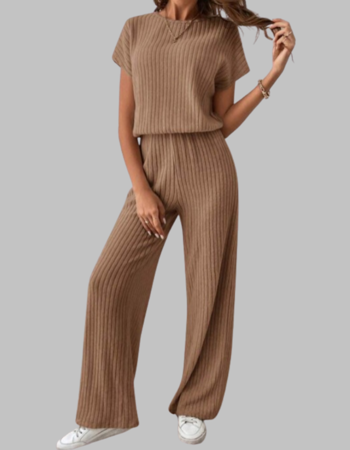 Nora | Women's Ribbed Short Sleeve Top and Wide Leg Pants Set