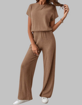 Nora | Women's Ribbed Short Sleeve Top and Wide Leg Pants Set