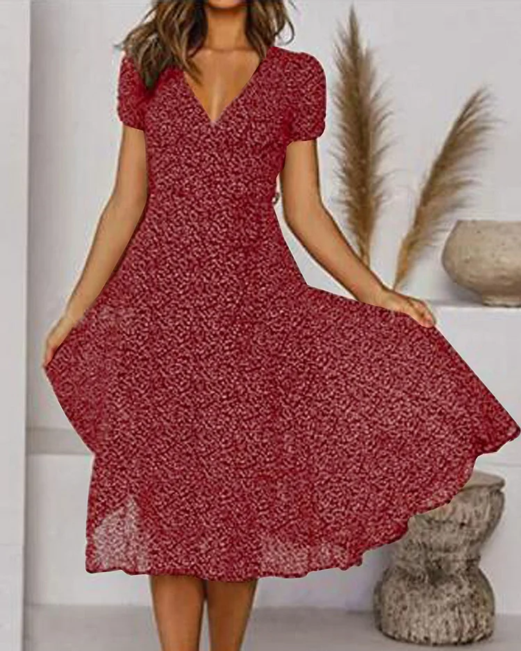 Aurora | Women's V-Neck Puff Sleeve Fit and Flare Midi Dress