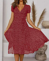 Aurora | Women's V-Neck Puff Sleeve Fit and Flare Midi Dress