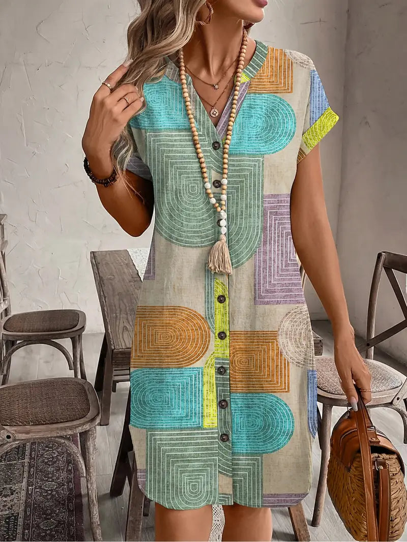 Lucille | Women's Geometric Print Midi Dress Short Sleeve Button-Front Casual Dress