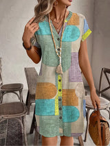 Lucille | Women's Geometric Print Midi Dress Short Sleeve Button-Front Casual Dress