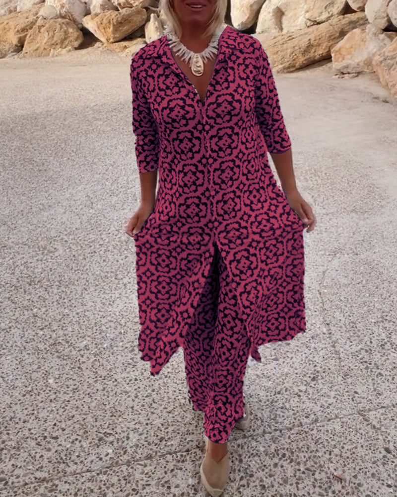 Jade | Women's 2 Piece Printed Wide Leg Trouser Set 3/4 Sleeve