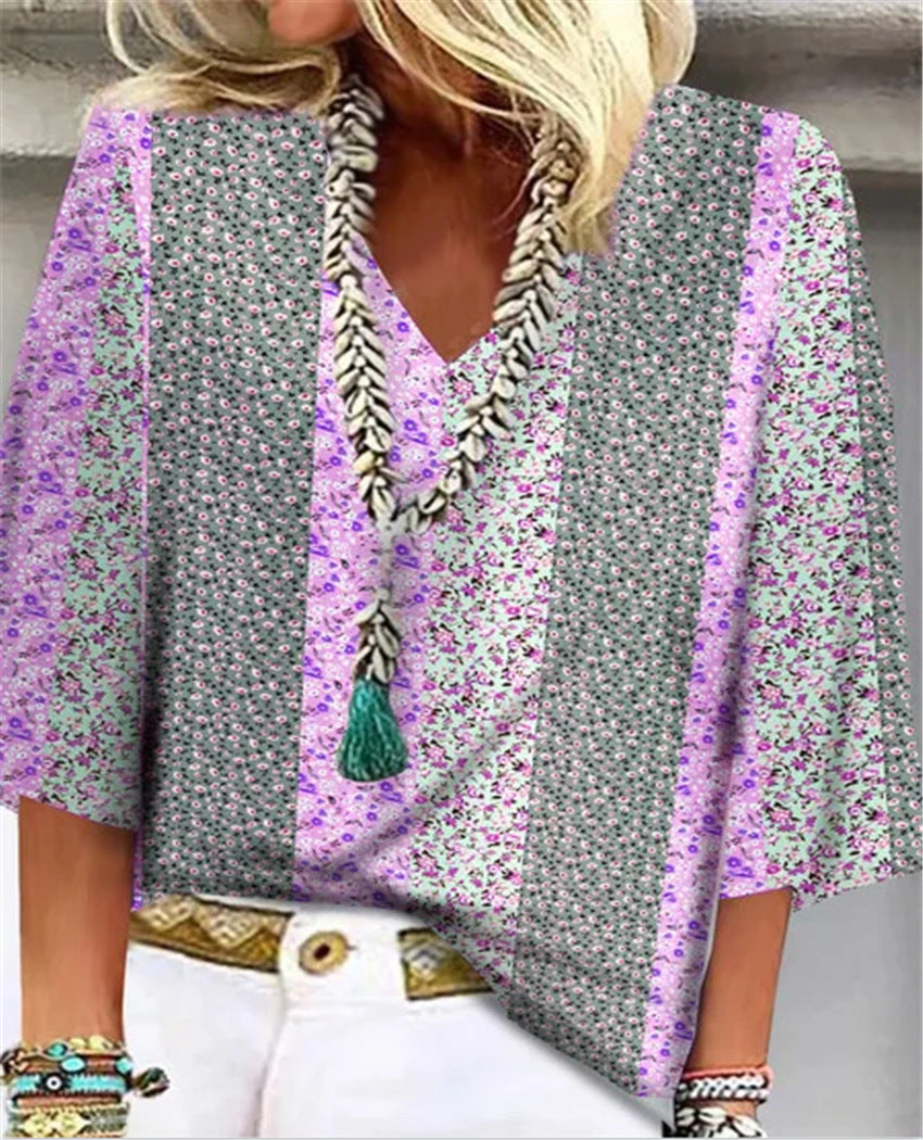 Mara | Women's Printed V-Neck 3/4 Sleeve Blouse Relaxed Fit