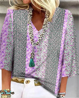 Mara | Women's Printed V-Neck 3/4 Sleeve Blouse Relaxed Fit