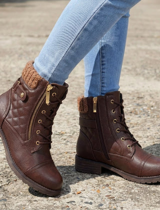 Women’s Quilted Leather Lace-Up Ankle Boots in Dark Brown