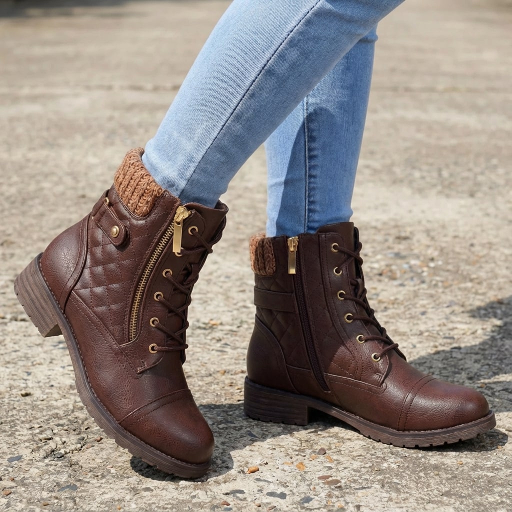 Women’s Quilted Leather Lace-Up Ankle Boots in Dark Brown
