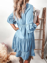 Luna | Women's Denim Ruffle Mini Dress Button-Up V-Neck