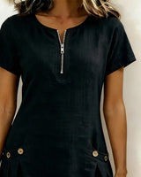 Pippa | Women's Linen Short Sleeve Zip Neck A-Line Mini Dress