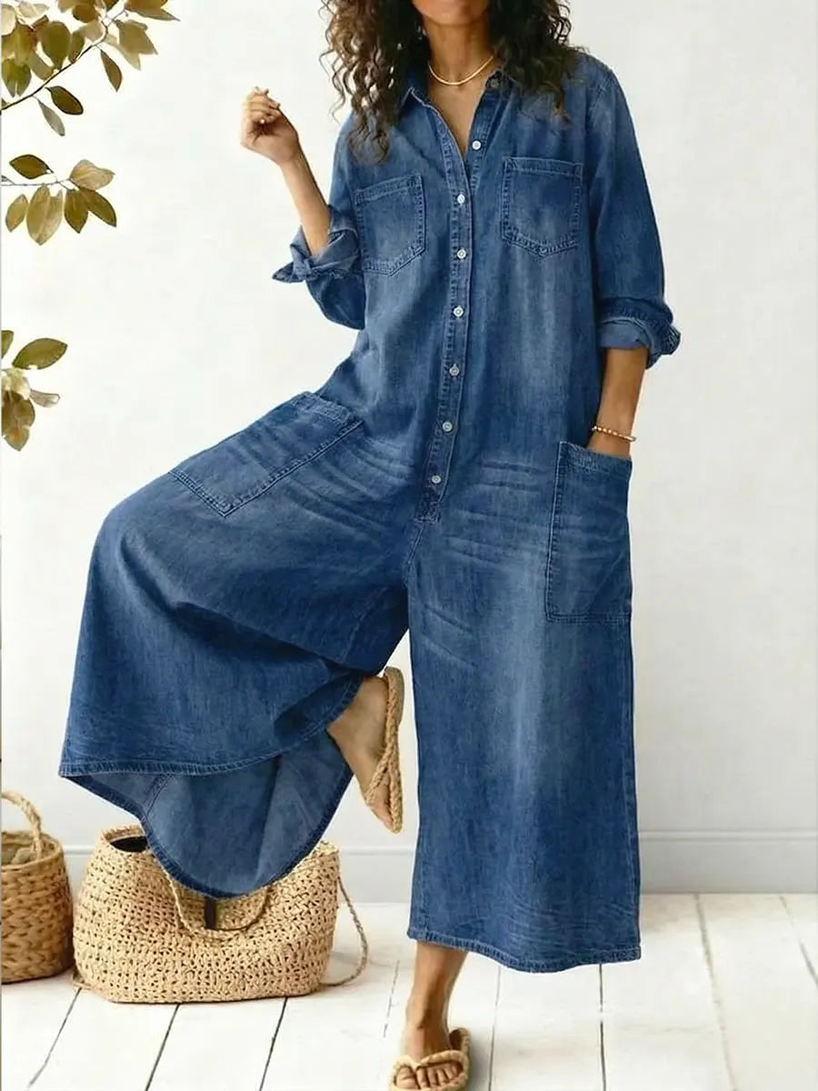 Orlysa | Women's Denim Wide-Leg Jumpsuit Button-Front