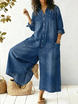 Orlysa | Women's Denim Wide-Leg Jumpsuit Button-Front