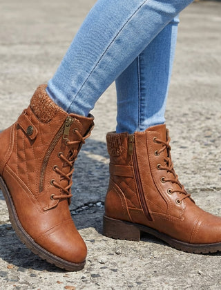 Women’s Quilted Leather Lace-Up Ankle Boots in Brown
