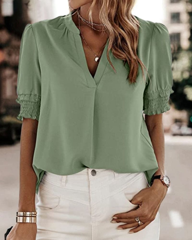Lily | Women's V-Neck Puff Sleeve Chiffon Blouse Short Sleeve
