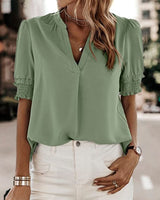 Lily | Women's V-Neck Puff Sleeve Chiffon Blouse Short Sleeve