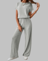 Nora | Women's Ribbed Short Sleeve Top and Wide Leg Pants Set