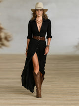 Crissa | Long Belted Dress With Pleated Lapels