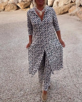 Livia | Women's Printed Two-Piece Set V-Neck Blouse & Wide-Leg Trousers