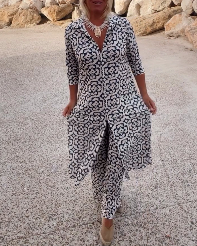 Jade | Women's 2 Piece Printed Wide Leg Trouser Set 3/4 Sleeve