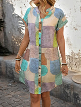 Lucille | Women's Geometric Print Midi Dress Short Sleeve Button-Front Casual Dress