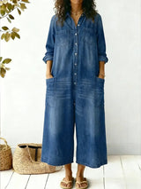 Orlysa | Women's Denim Wide-Leg Jumpsuit Button-Front
