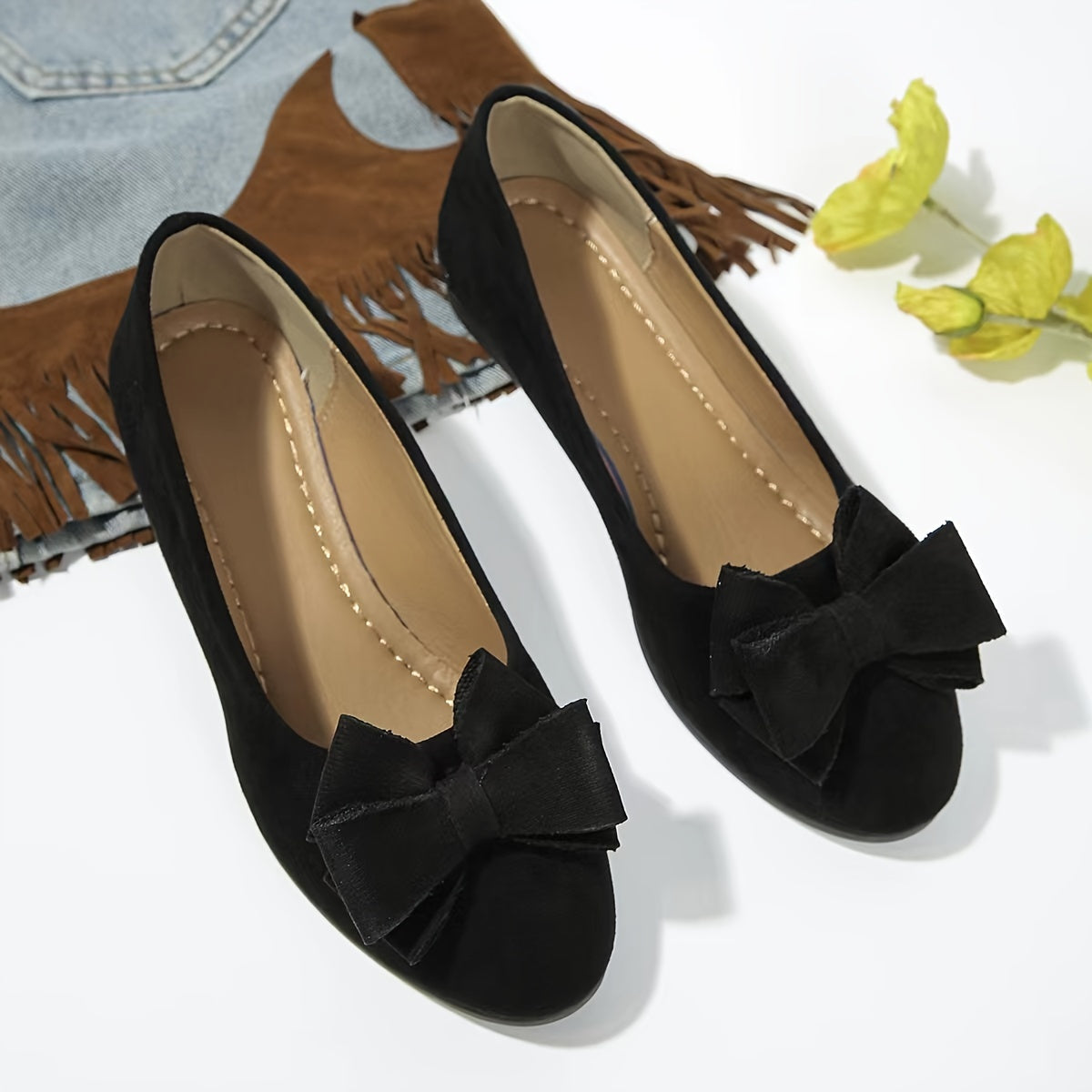Maisie | Women's Wedge Ballet Flats Bow Detail Suede Slip On Shoes