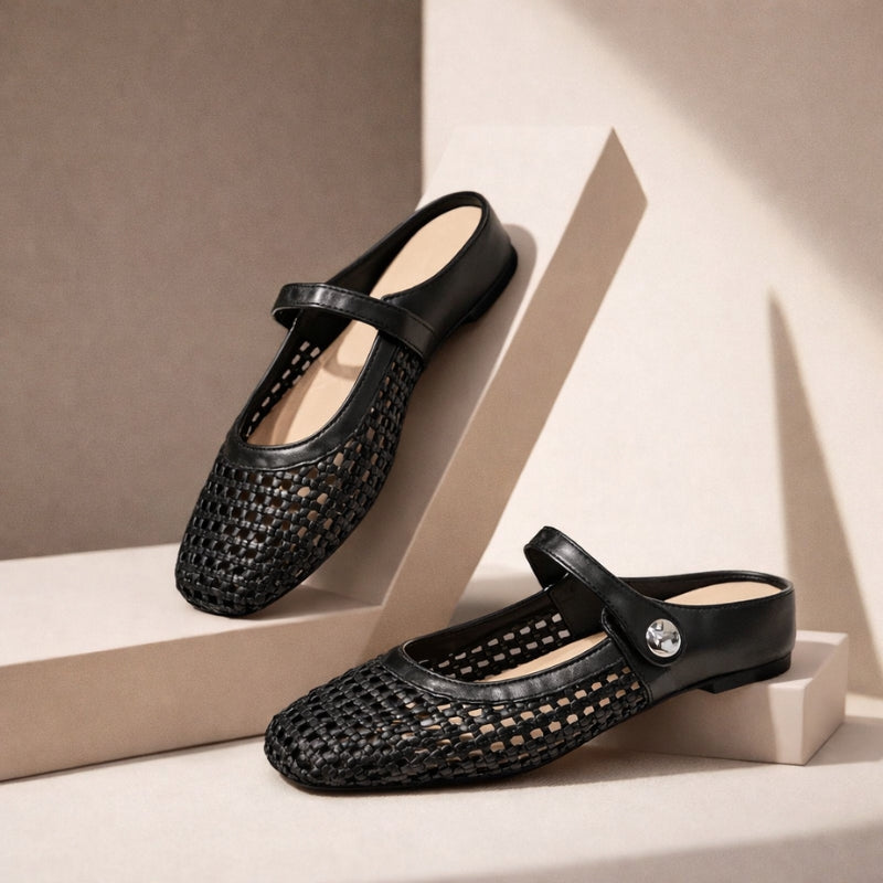 Mira | Women's Woven Mule Flats Mary Jane Strap Slip-On Shoes