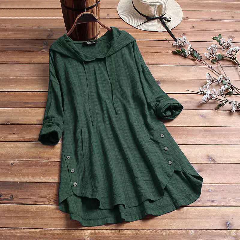 Harriet | Women's Hooded Tunic Top Long Sleeve Button Hem Shirt